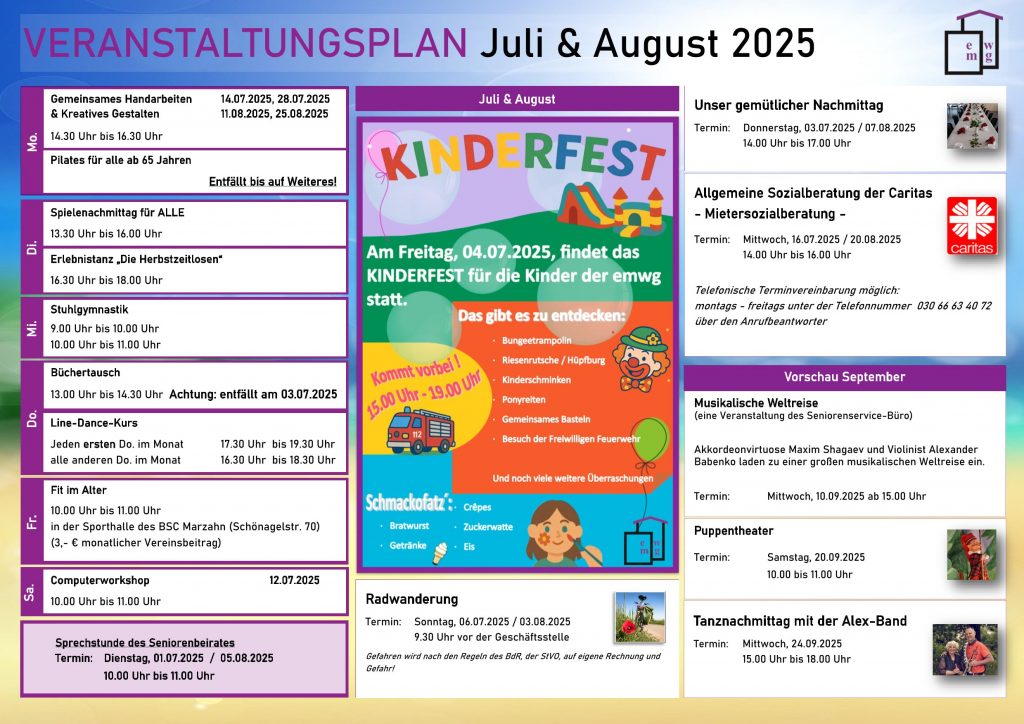 Veranstaltungsplan Juli und August 2025