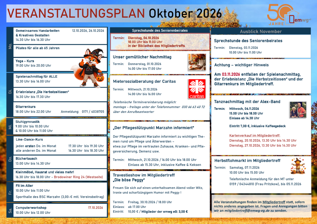 Veranstaltungsplan Oktober